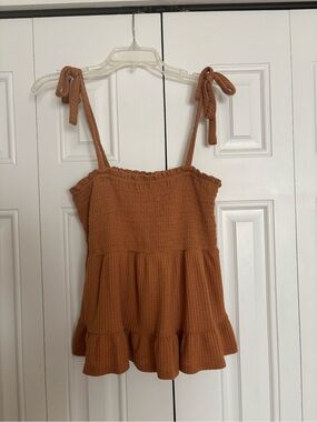 Paper Crane Rust Tie-Shoulder Smocked Peplum Camisole